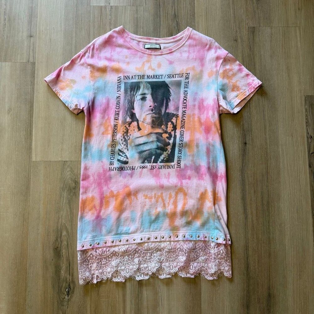 Jouetie Kurt Cobain Nirvana Pink White Blue Tie Dye Shirt With Lace Trim Sz M